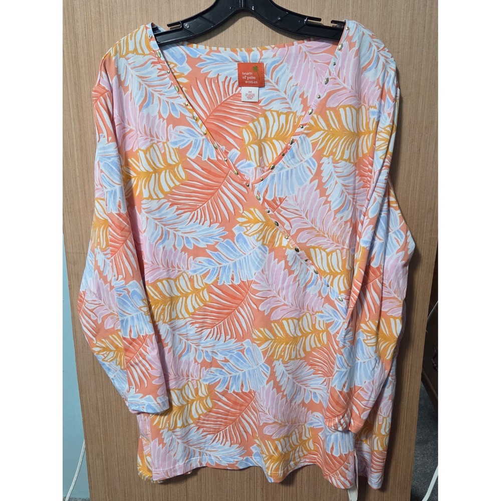 Hearts of Palm Woman 3X Tropical Leaf Print V‎ Neck Long Sleeve Tunic Top